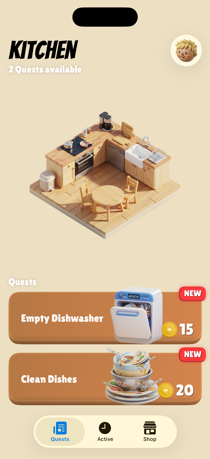 Home Quests app showing the Kitchen room with quests